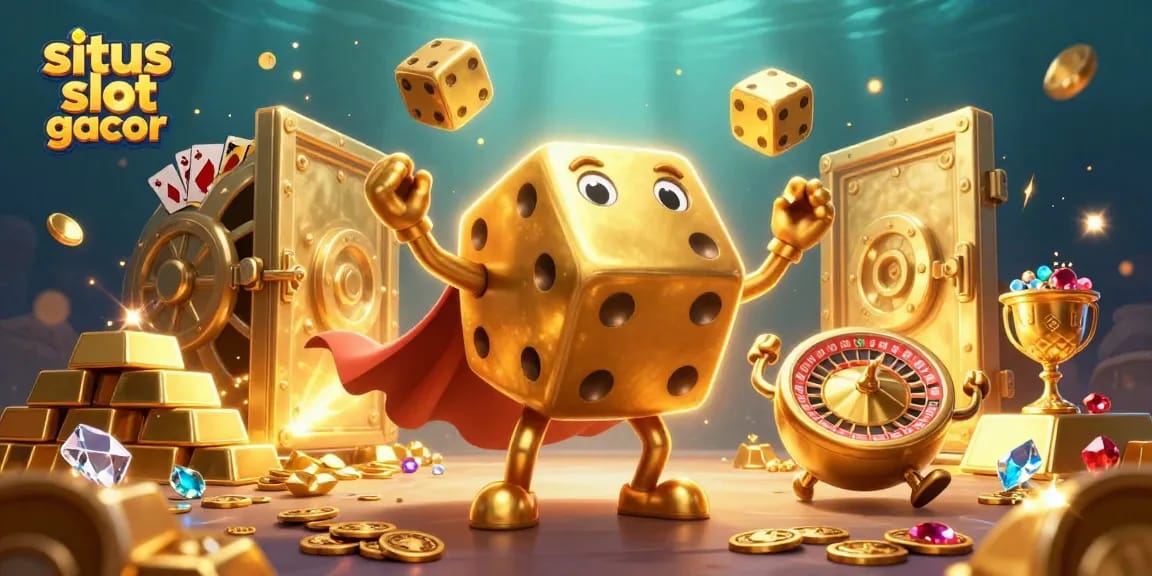 Jackpot besar di situs slot gacor dengan dadu emas, mesin slot, dan harta karun.