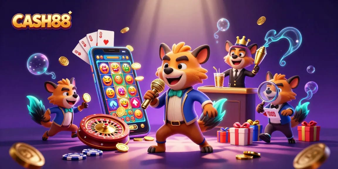 CASH88 hyenas creating a lively casino atmosphere, featuring a comedian, bartender, and bouncer.