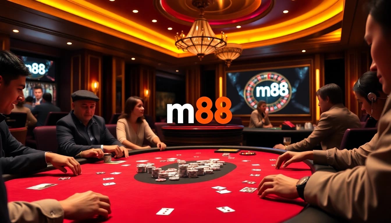 Experience high-stakes gambling at m88's luxurious poker table with vibrant chips and thrilling gameplay.