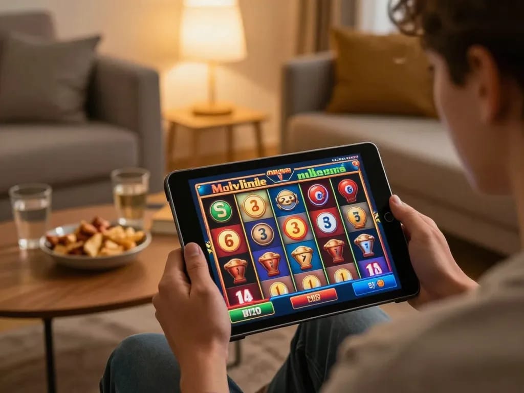 Engaging online slot gameplay at home with kerajaanslot thrills on a tablet.