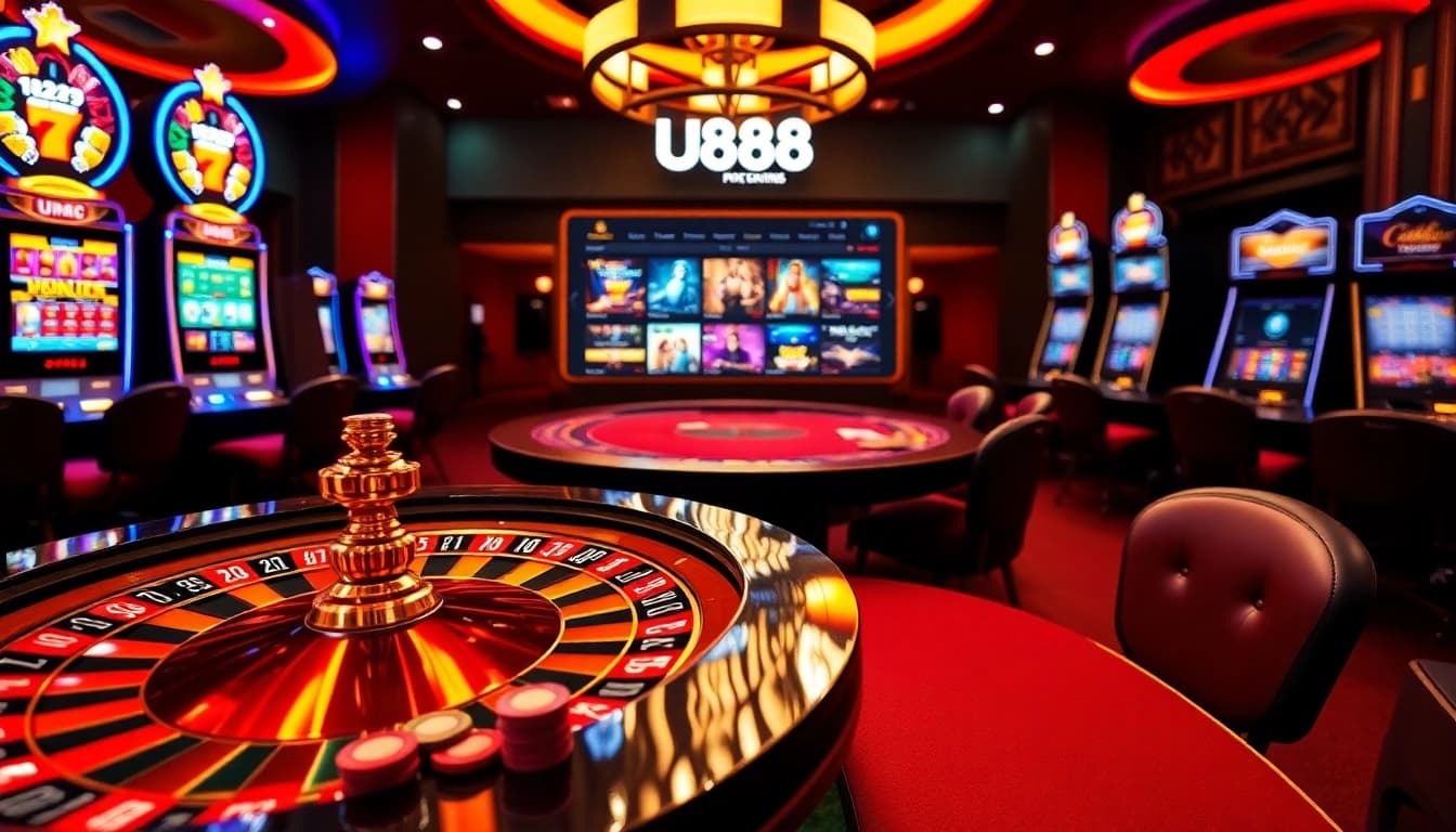 Exciting U888 casino scene with roulette wheel and poker table showcasing vibrant gaming action.