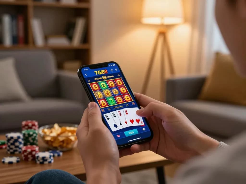 Player exploring the TG88 app on smartphone in a cozy living room while enjoying online gambling.