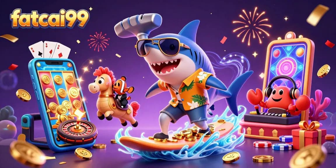 Experience thrilling gaming adventures with fatcai99, featuring a shark surfing coins and a lively casino scene.