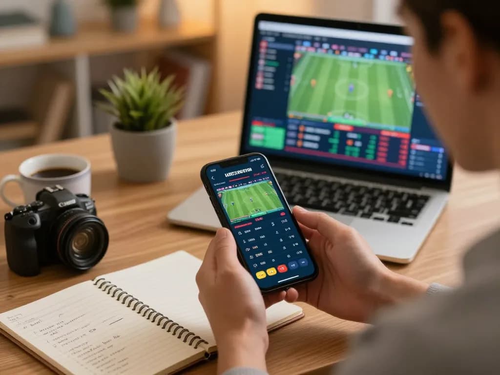 Soi Kèo live betting scenario with a user engaged on smartphone and laptop, showcasing exciting sports betting