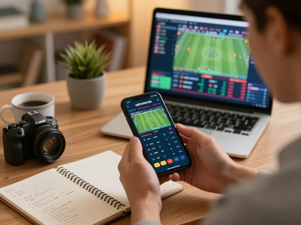 Soi Kèo live betting scenario with a user engaged on smartphone and laptop, showcasing exciting sports betting