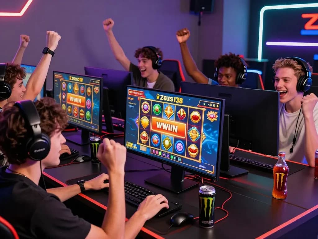 Friends enjoying a thrilling gaming session on Zeus138 platform, celebrating a big win with vibrant visuals.