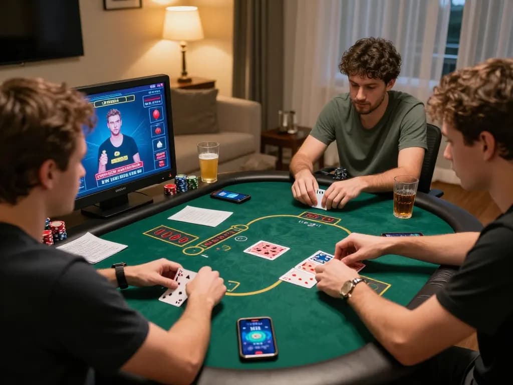 SX88 players strategizing online poker with focused expressions and game notes.