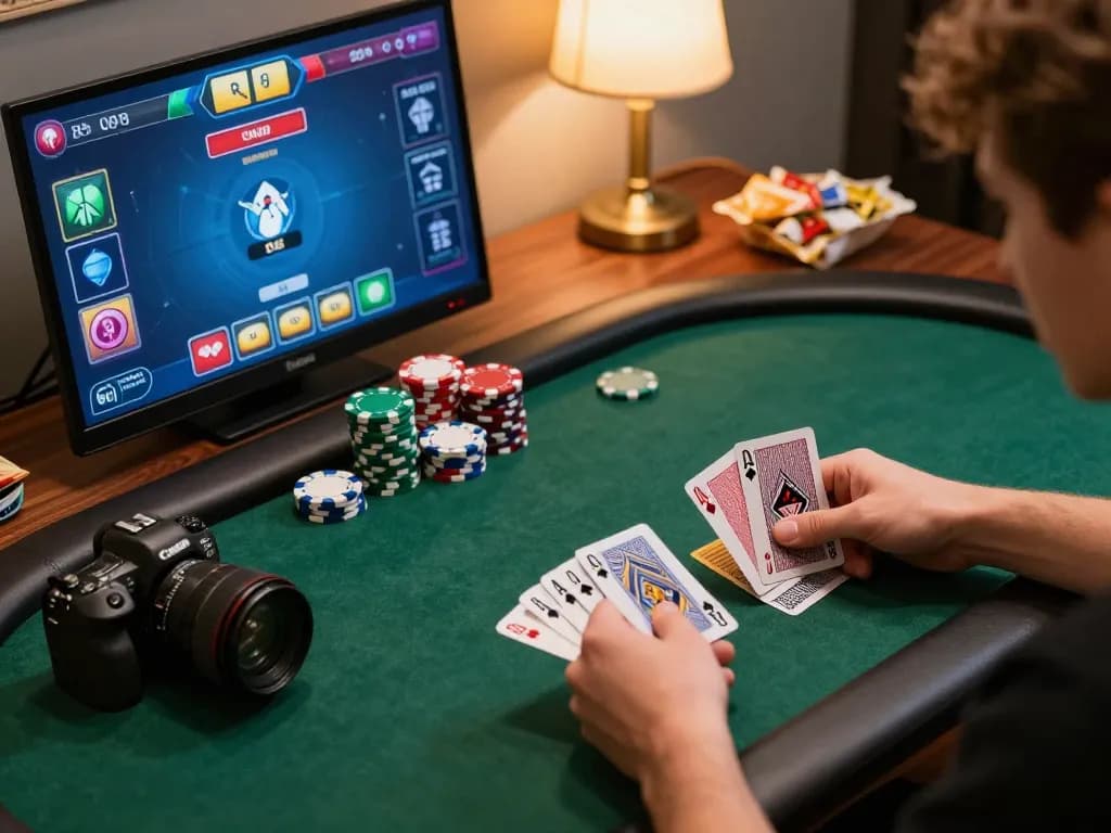 An engaged player using dacsandatphanrang com to play an online poker game, showcasing cards and chips.