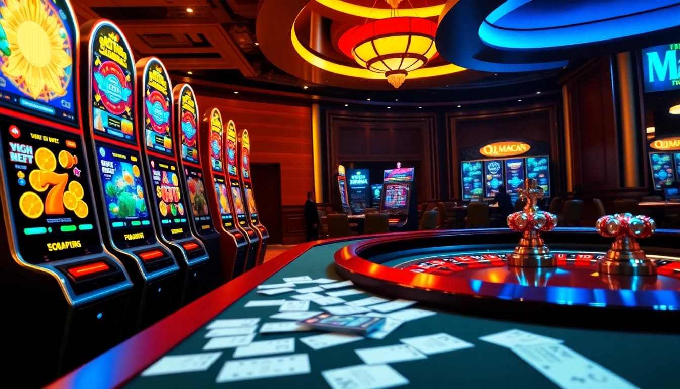 Experience the excitement of QQMacan slot gaming with vibrant machines and a roulette wheel.