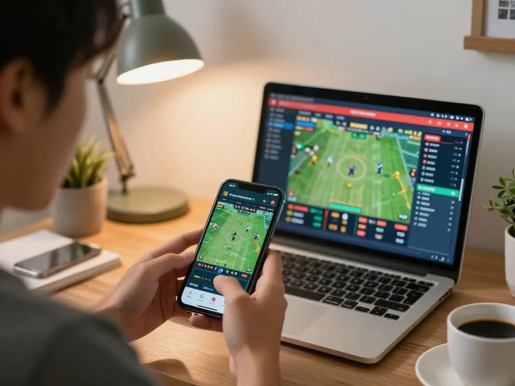 Engaged user placing bets on sports betting app, showcasing soi keo nha cai strategies in a cozy home setup.