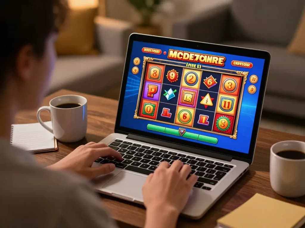Engaging in an exciting online slot game at https://f168.sarl/ on a laptop in a cozy home setting.