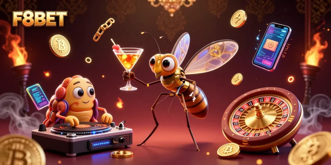 F8BET welcomes players with a vibrant casino scene featuring a mosquito mascot, trilobite DJ, and golden roulette.