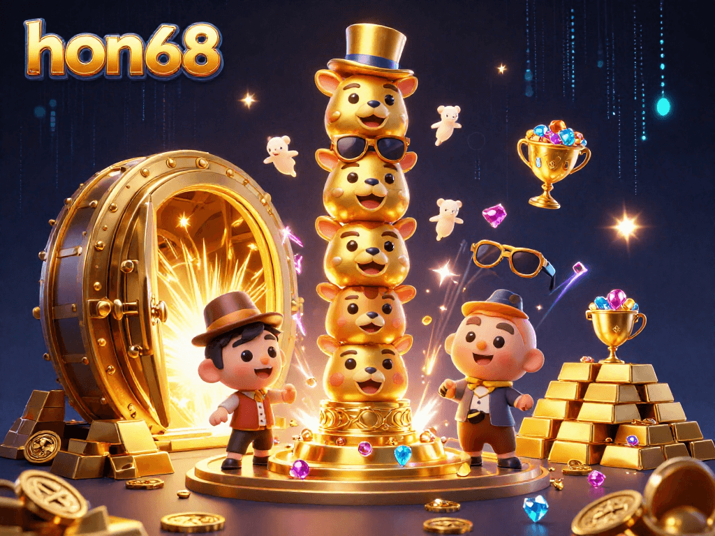 Experience the thrill of winning at hon68 with a vibrant 3D casino illustration showcasing exciting game elements.