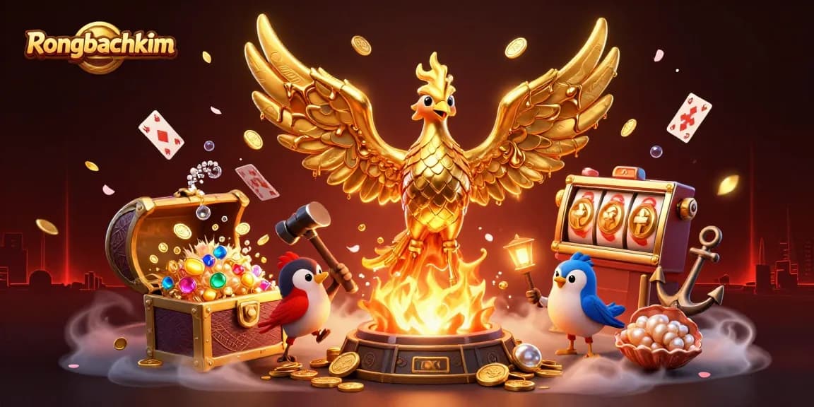 Rongbachkim golden phoenix soaring over a creative explosion of casino elements and treasures.