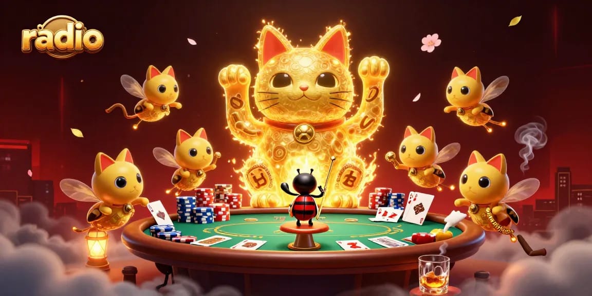 Experience thrilling radio-themed casino fun with the lucky cat illustration.