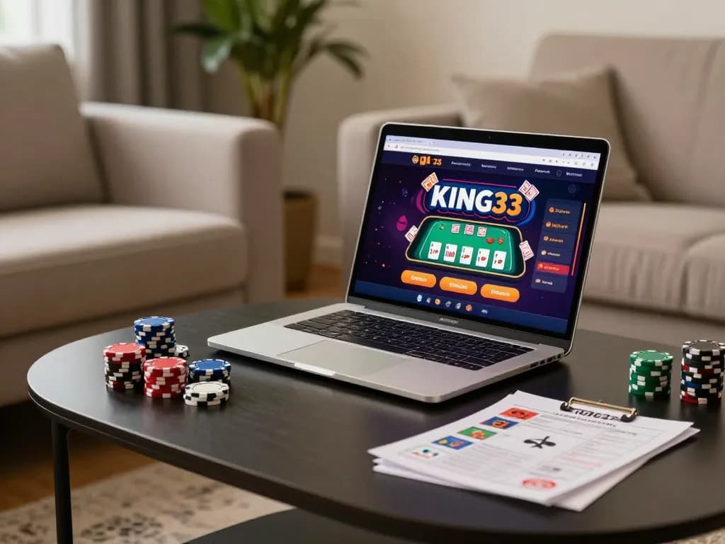 Engaging player using king33 online casino interface on a stylish laptop in cozy home setting.