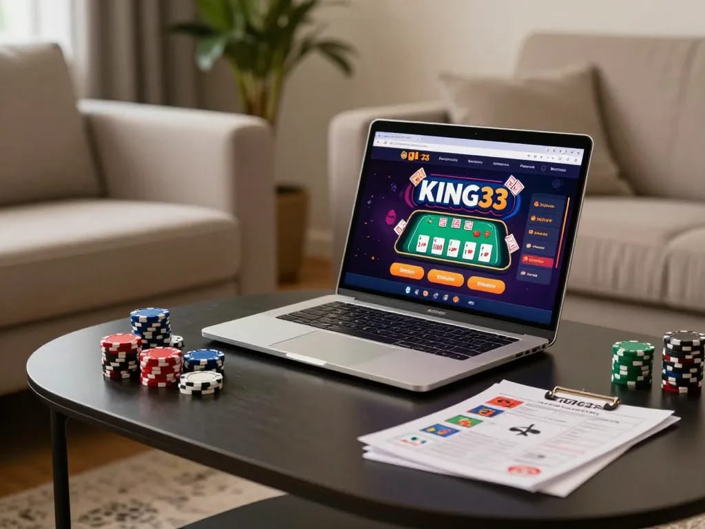 Engaging player using king33 online casino interface on a stylish laptop in cozy home setting.