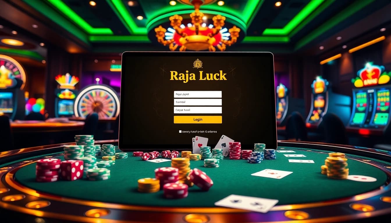 Engaging scene showcasing raja luck login with vibrant casino elements like poker chips and cards.