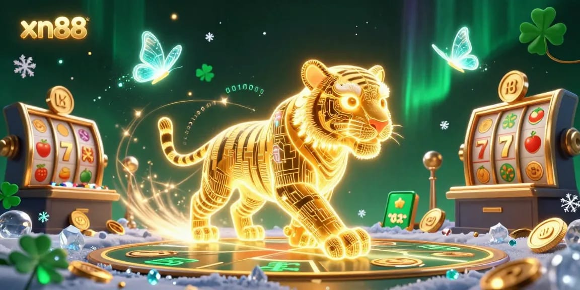 Experience xn88's thrilling gaming landscape with a vibrant scene of a glowing tiger and dynamic game elements.