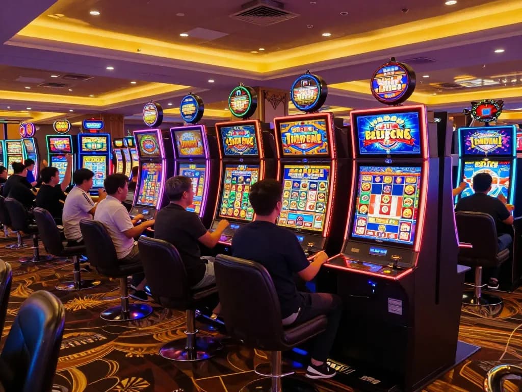 The excitement of players engaging with slot88 machines in a lively casino atmosphere.