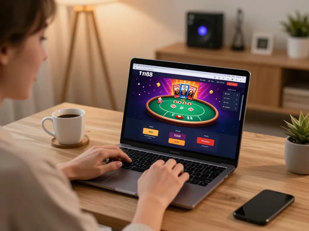 Enjoying tr88 đăng nhập on a laptop in a cozy home setting, highlighting online casino play.