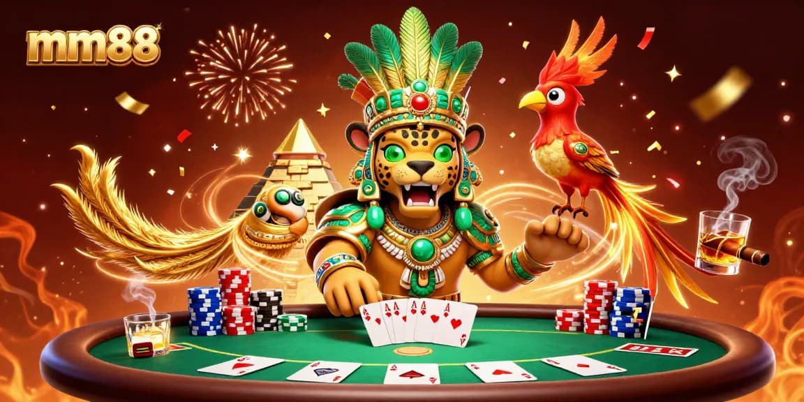 Experience the excitement of mm88 with a vibrant 3D illustration of a Mayan jaguar priest and poker elements.
