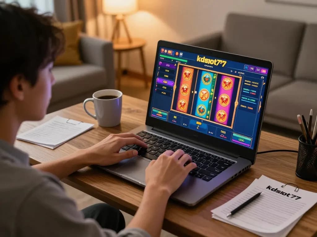 Engaging in kdslot77 online slot gameplay from a cozy home setting, showcasing vibrant gaming interface.