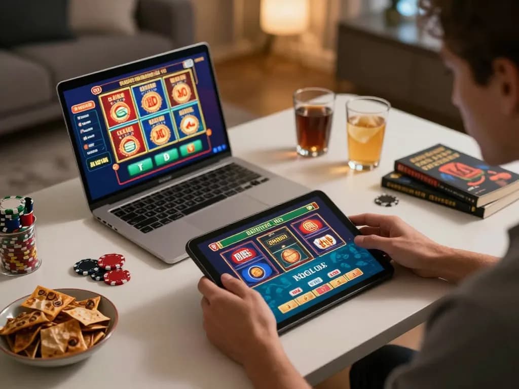 Player engaging with badak178 online casino slot game on tablet in a cozy home setting.