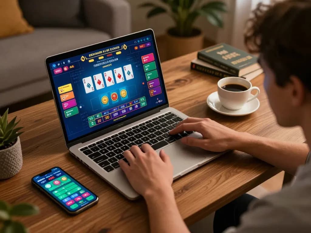 Engaging online gaming experience featuring mb66 with user interacting on laptop amidst cozy atmosphere