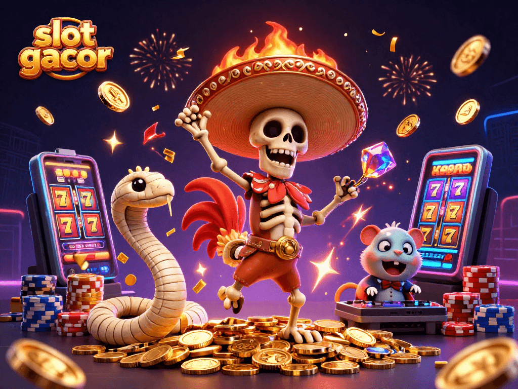 Slot gacor merayakan kemenangan dengan kerangka mariachi berdansa di tumpukan koin emas.
