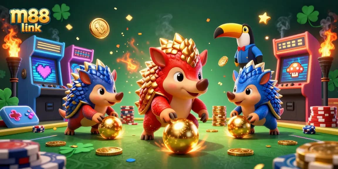 Engage with the vibrant m88 link scene featuring energetic pangolin characters in a casino-themed environment.