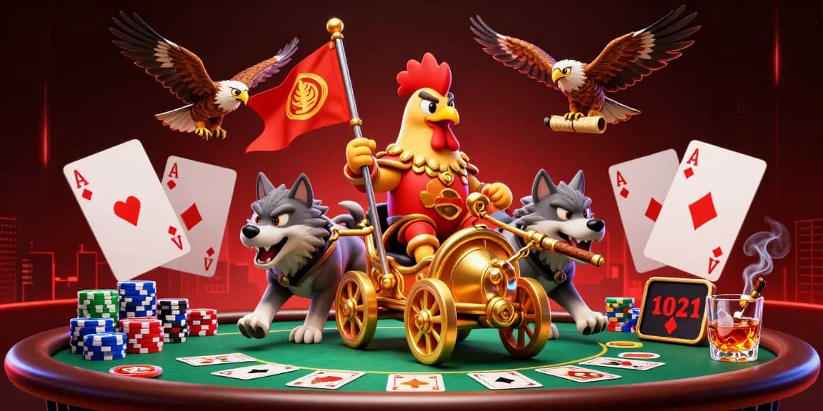 Engage at Nhà cái jw88 with a dynamic poker scene featuring a rooster warlord and golden chariot.