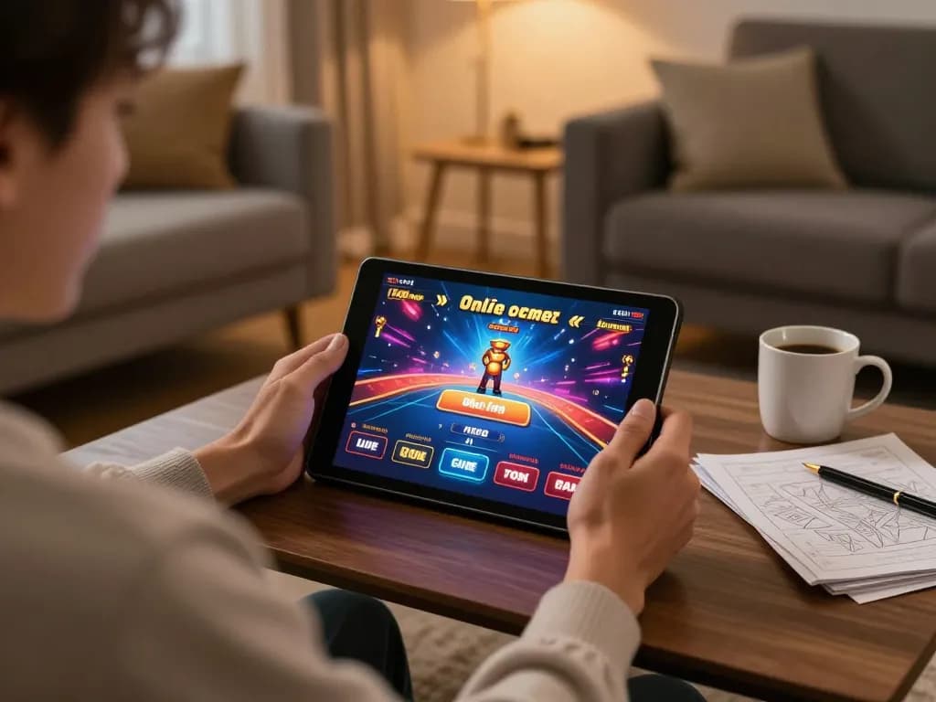 Enjoying online gaming with tải hitclub app on a cozy tablet setup in a home environment.