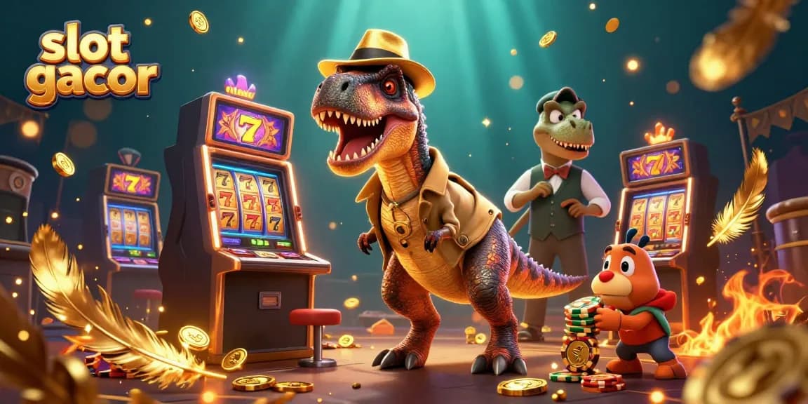 Slot gacor yang dikelilingi oleh karakter kartun 3D dan elemen kasino yang mengesankan.