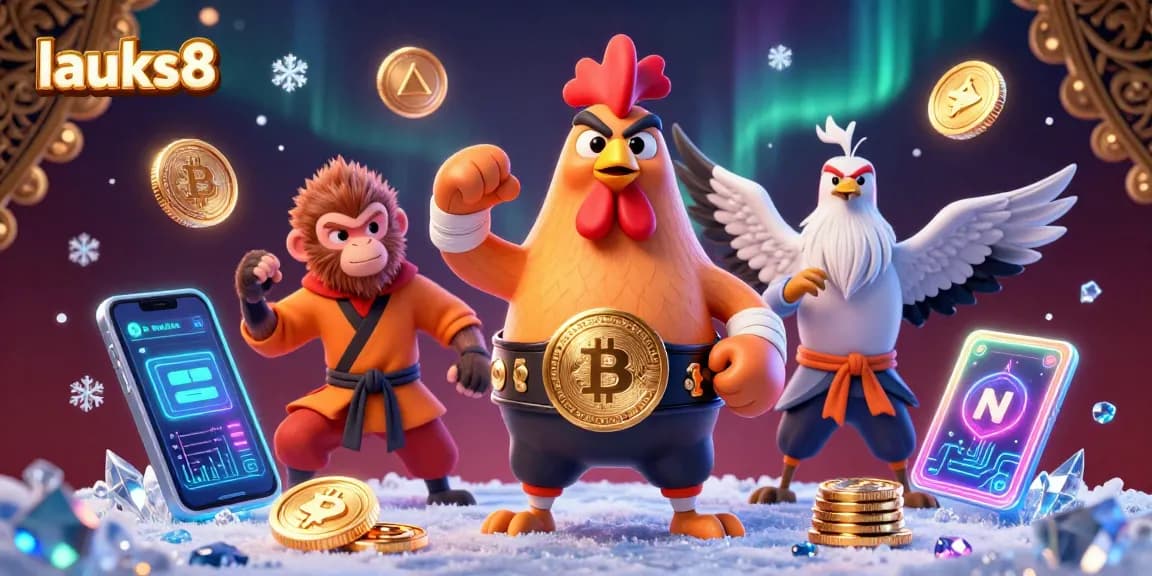 Experience lucks8 with a vibrant casino scene featuring a Muay Thai rooster and a Shaolin monkey amidst glowing crypto elements.