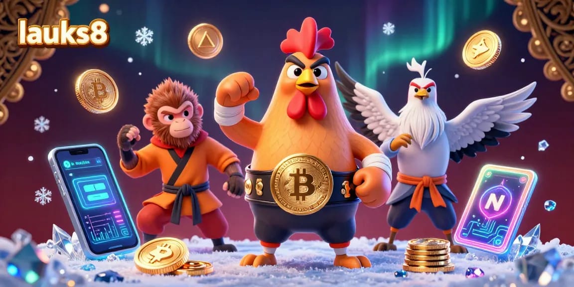Experience lucks8 with a vibrant casino scene featuring a Muay Thai rooster and a Shaolin monkey amidst glowing crypto elements.