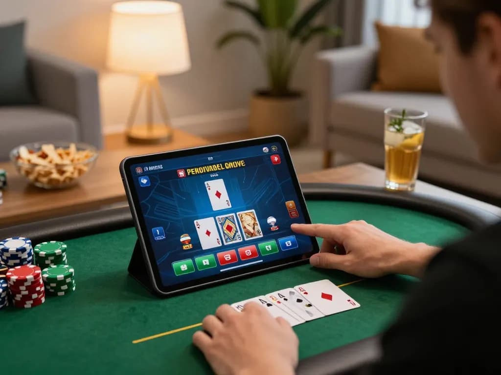 Experience nhà cái ww88 action as players enjoy online poker on a tablet in a cozy living room