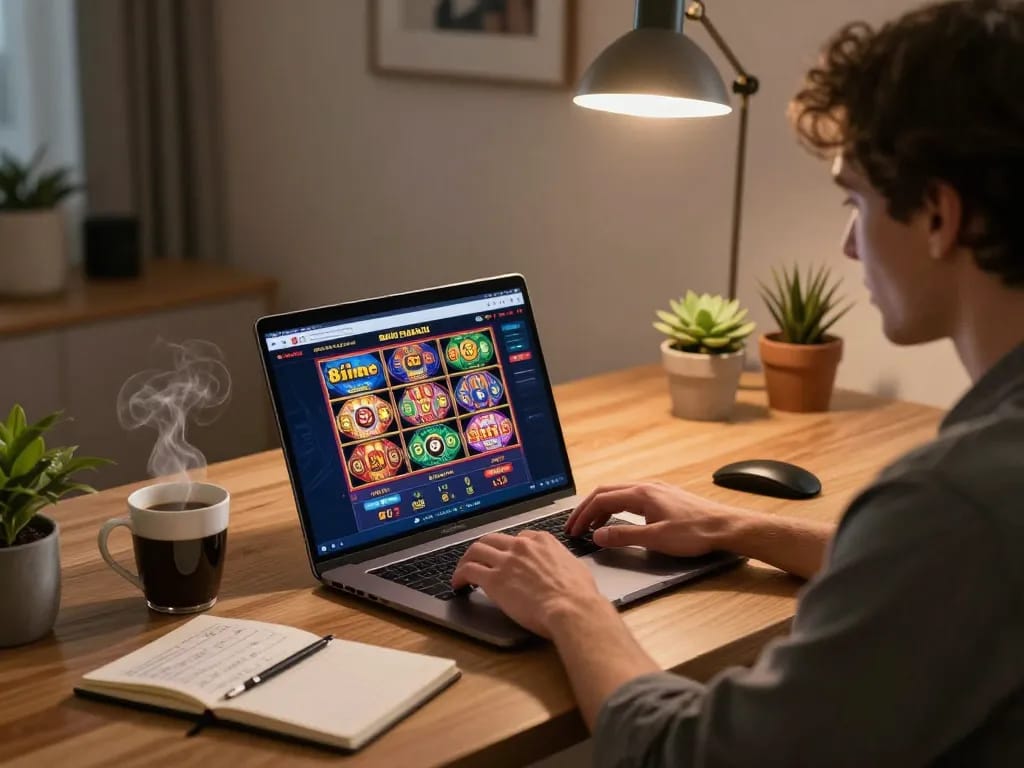 Engaged user playing on the 88i online casino platform, showcasing vibrant games and a cozy home setup.