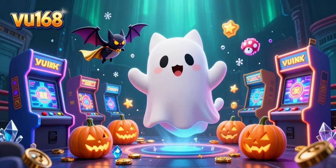 Experience thrilling gaming at vu168 with an engaging haunted casino scene featuring a ghost cat and vampire bat.