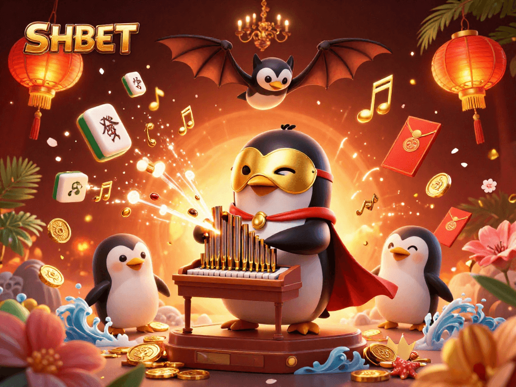 Engage with SHBET's vibrant casino scene featuring a golden-masked penguin, rich gaming elements, and festive atmosphere.
