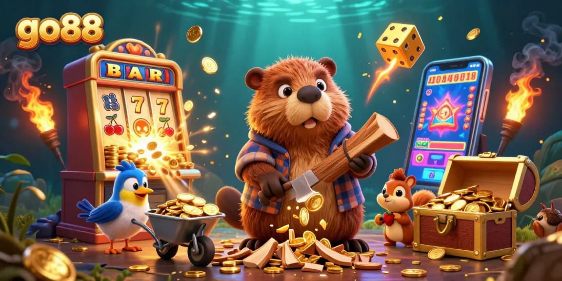 Experience go88's thrilling gaming atmosphere with a lively scene of cartoon characters and slot machines.