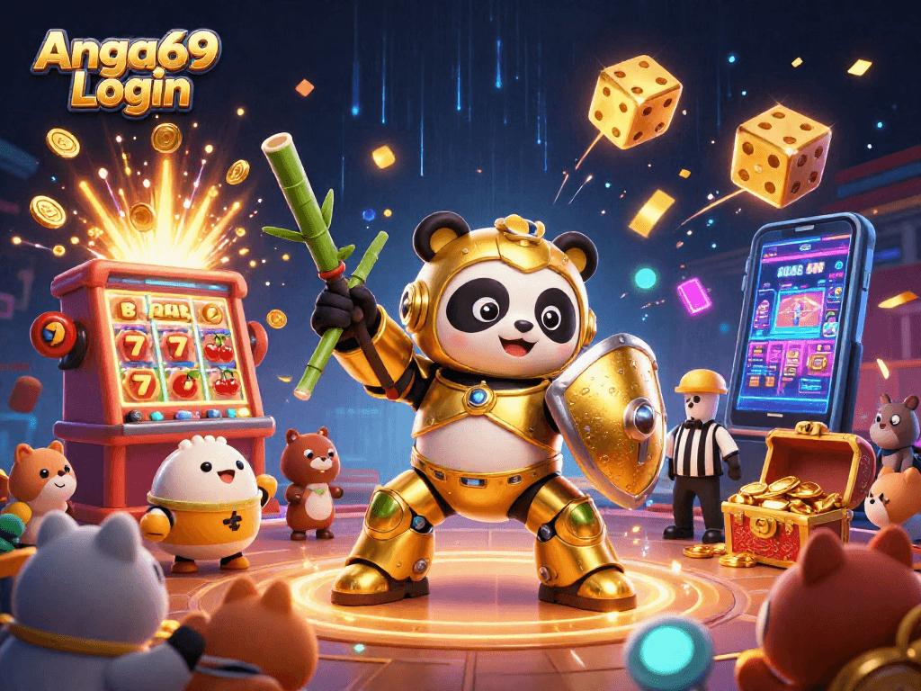 Engage with the Angka69 Login experience through a vibrant slot machine and golden panda action!