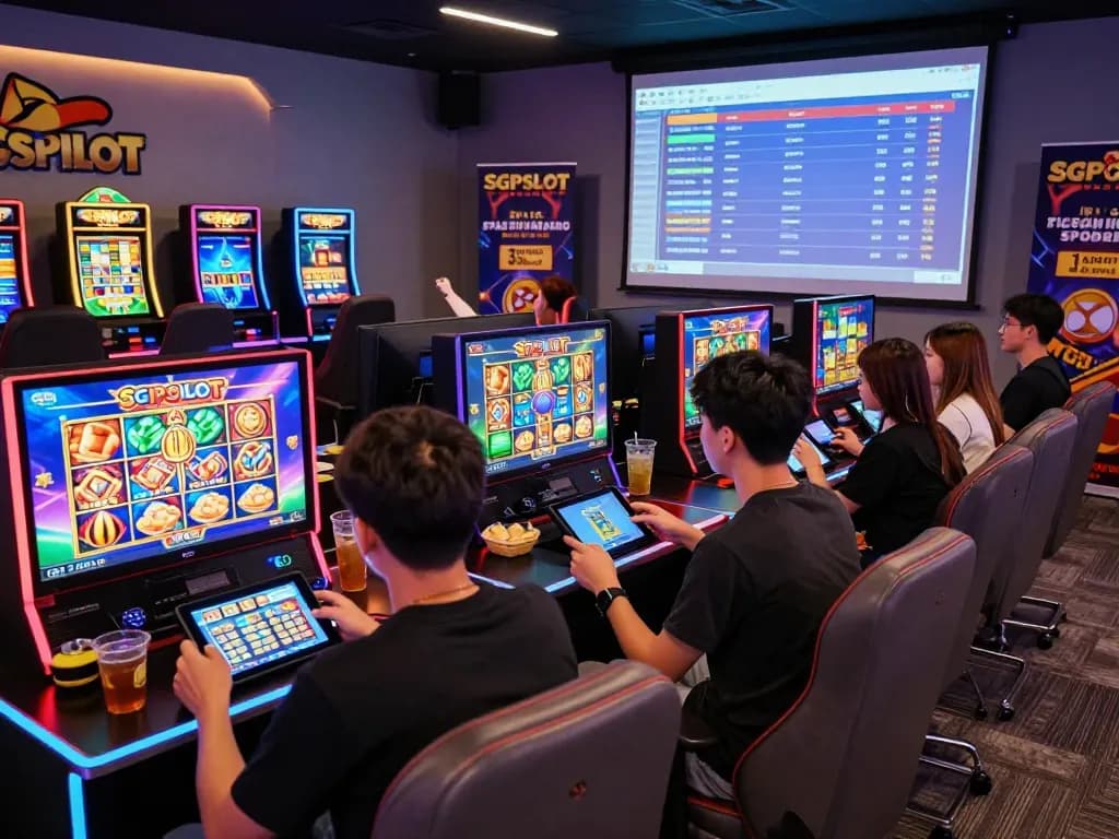Suasana menarik para pemain yang menikmati permainan slot online SGPSLOT di lounge digital yang hidup.