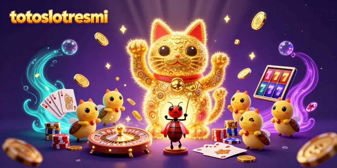 Engage with the thrilling world of totoslotresmi through vibrant casino elements, showcasing a lucky cat and more!