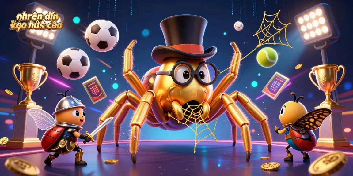 Engage in nhận định kèo nhà cái with a dynamic 3D scene featuring a golden tarantula and sports elements.