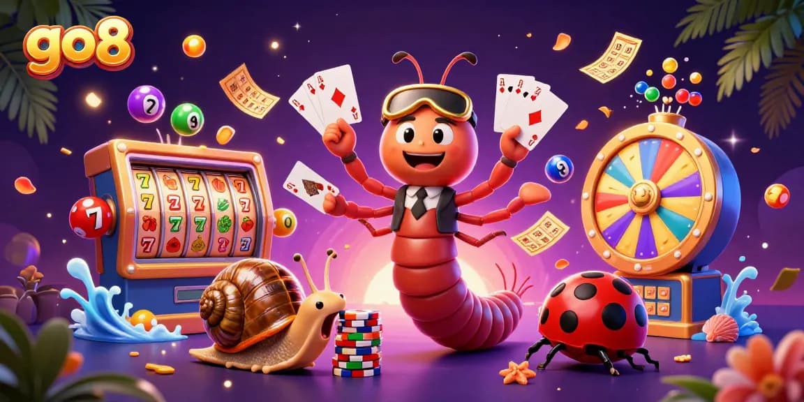 Experience the thrill of go8 gaming with vibrant illustrations of a millipede dealer and colorful lottery elements.