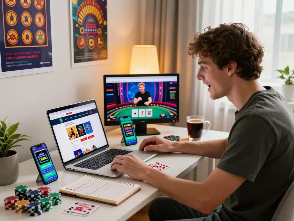 Young adult male engaging with free credit 918kiss promotions on FIREWIN88 betting site in a stylish home setting.
