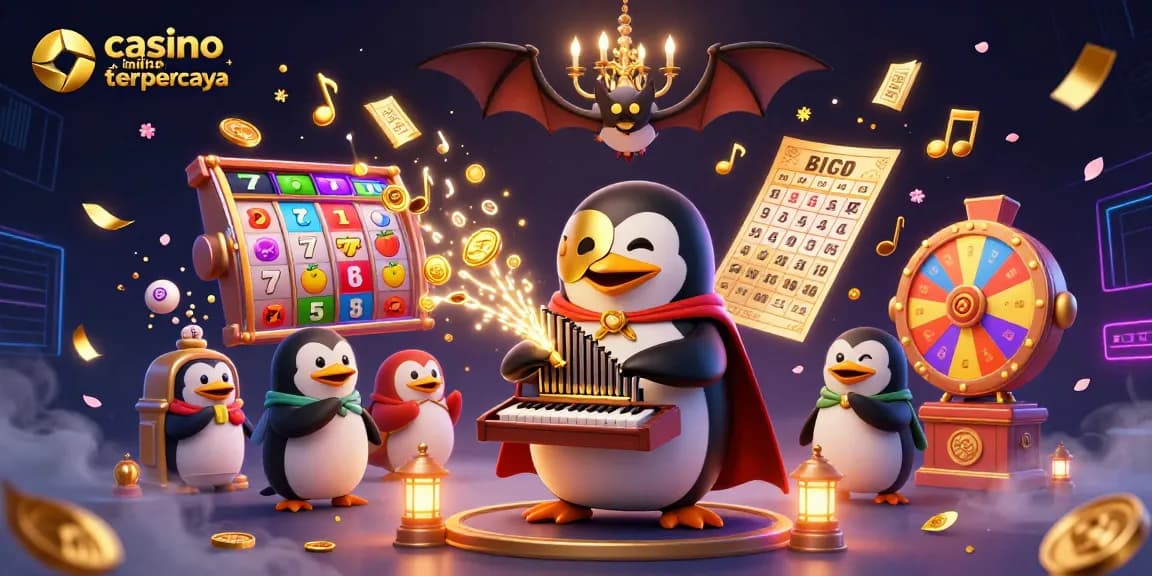 Experience casino online terpercaya with animated elements like jackpot reels and golden coins raining down.