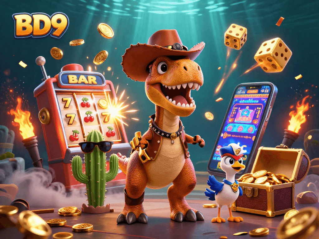 Experience exhilarating wins at BD9 with a dynamic casino gala featuring dinosaurs, jackpots, and vibrant gaming scenes.