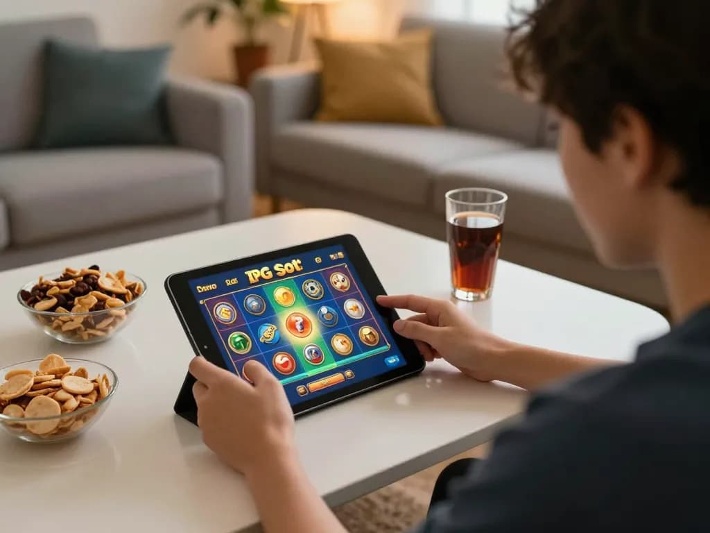 Interaksi dengan antarmuka Demo Slot PG Soft di tablet dalam lingkungan permainan yang nyaman